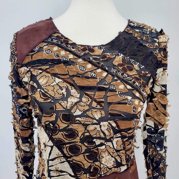 Punky Girl Brown Multi Print Distressed Beaded Top - Picture 2 of 15